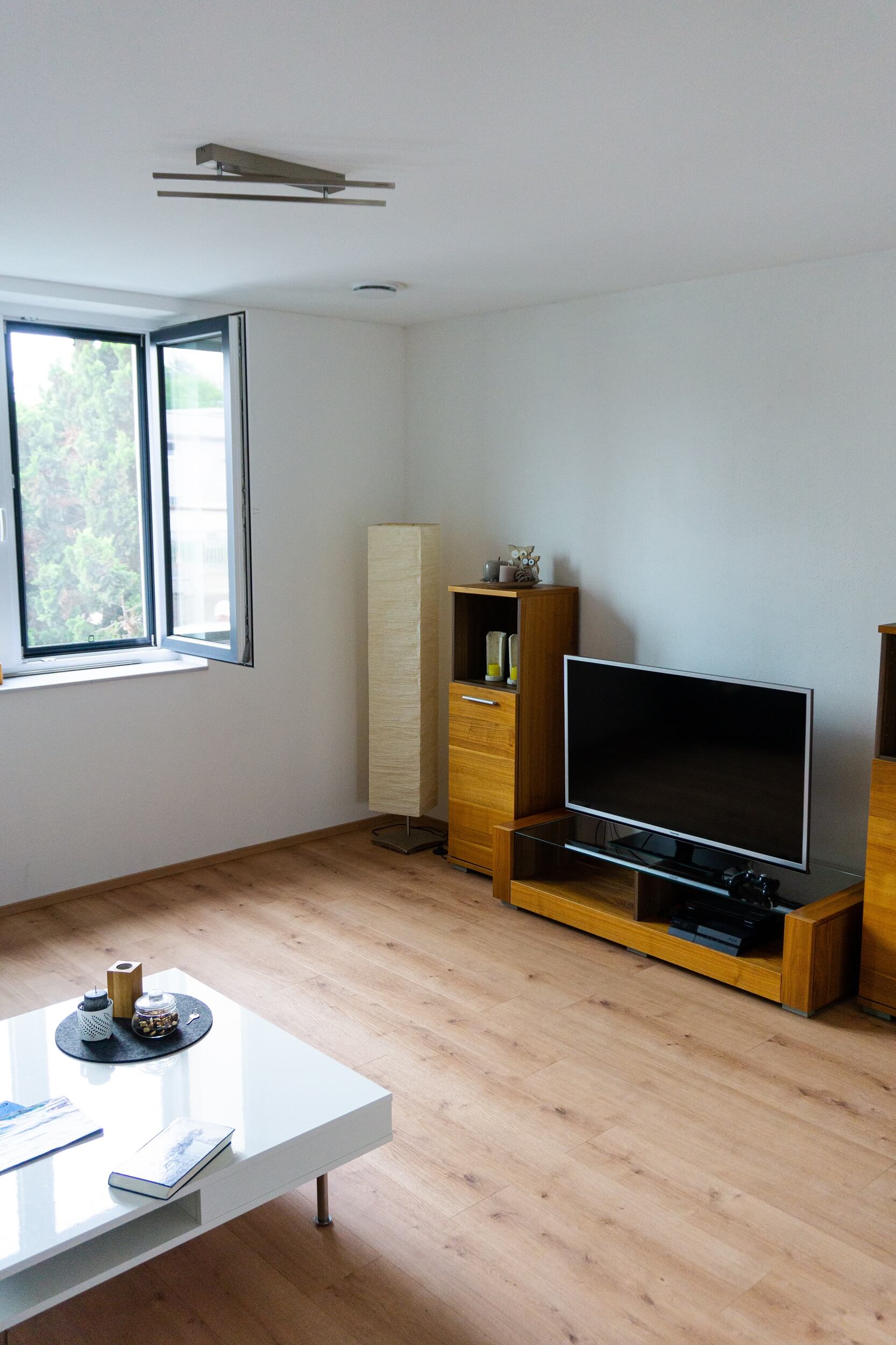 Ein luftig eingerichtetes Wohnzimmer mit kleiner Wohnwand und Fernseher bei offenem Fenster, wirkt durch den Venylboden in Naturholzoptik hochwertig.