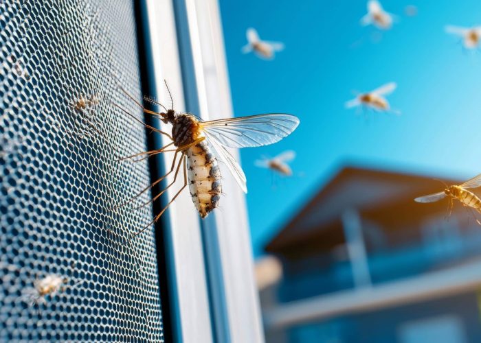 Fliegengitter mit Nahaufnahme einer Biene auf der Außenseite